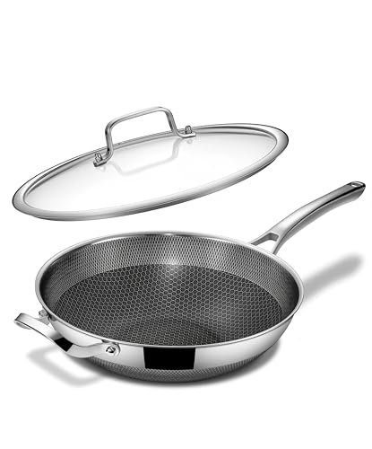 FGJ Wok pan,13 inch Hybrid Wok with Lid,PFOA Free Cookware,Non Stick Stainless Steel Woks & Stir-fry...
