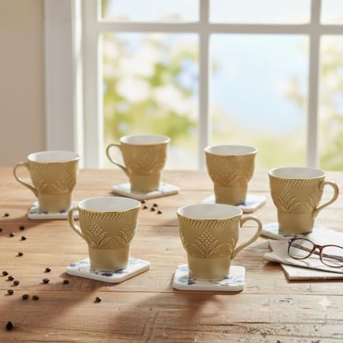 Image of Clay Craft Fine Ceramic Tea Cups Set of 6| 120 Ml Designer Cups with Elegant Texture & Gold Rim | Ideal for Tea Serving| Home| Guests & Gifting