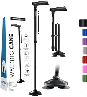 HoneyBull Walking Cane for Men & Women | Free Standing, Foldable, Pivot Tip [Black]