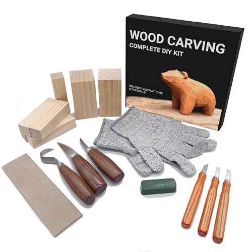 Kit de tallado en madera para principiantes – Set con cuchillos, guantes anticorte talla L, bloques de madera de tilo, afilador, compuesto pulidor, funda y guía con tutoriales