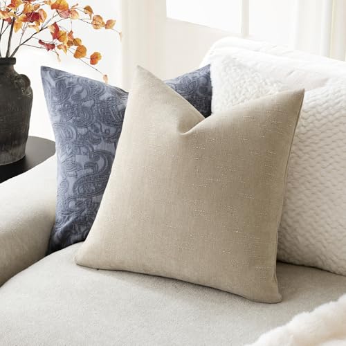 Image of Foindtower Pack of 2 Soft Textured Chenille Throw Decorative Pillow Covers Square Accent Solid Cushion Cover Cozy Neutral Farmhouse Pillow Case for Couch Sofa Bedroom Living Room 16x16 Inch, Beige