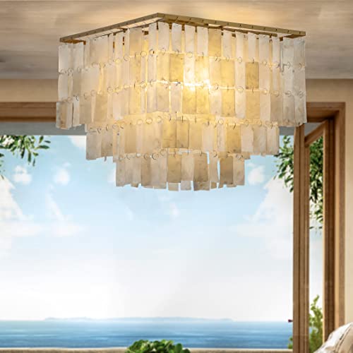 ALOADECOR 3 Lights Costal Square Antique Brass Flush Mount Ceiling Light with Rectangle Capiz Natural Seashells Shade Modern Shells Chandeliers for Living Room Dining Room Bedroom W 16.4 inch