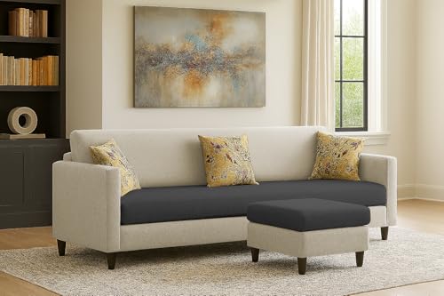 Image of Casaliving Premium Lifestyle Fabric 5 Seater L Shape Sofa Set 4 Seater Modern Sofa Set & Ottoman for Living Room (Cream Black Color)