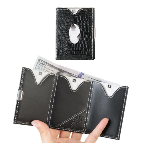 Image of LLH Leather Trifold Wallet - RFID Blocking with Stainless Steel Locking Clip Wallet, Minimalist Front Pocket RFID Blocking Credit Card Holder (Black-B)