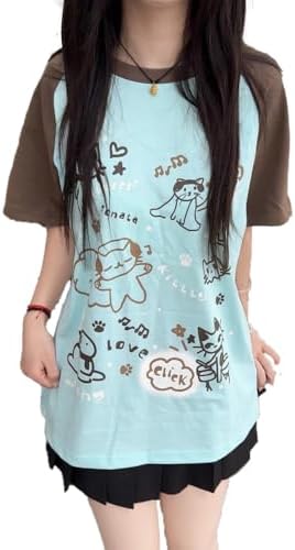 Y2K Kawaii Cute Cat Print T-Shirts for Women Patchwork Harajuku Oversize Top Round Neck Cutecore Tee Tops