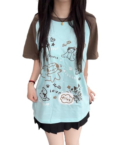Y2K Kawaii Cute Cat Print T-Shirts for Women Patchwork Harajuku Oversize Top Round Neck Cutecore Tee Tops