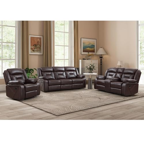 Image of EBELLO Faux Leather Recliner Sofa Furniture Set for Living Room, Recliner Chair, Manual Loveseat, 3 Seat Recliniing Sofa Couch Set for Meeting Room, Dark Brown