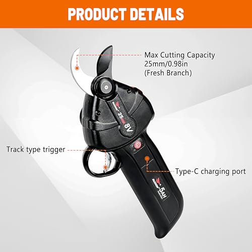 Image of Electric Pruning Shears, 600g Ultra-Lightweight Cordless Pruner, 1 inch Cutting Capacity, SK5 Steel Blade, 5000mAh Battery, USB-C Charging, Brushless Motor, for Vineyards, Fruit Trees, Gardens