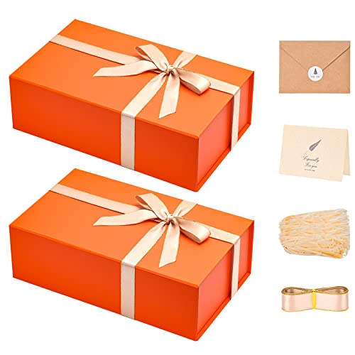 Image of LIFELUM Orange Gift Boxes, 13.85 x 8.35 x 4.45 inch 2 Pack Gift Boxes with Lids Contains Card, Ribbon, Shredded Paper Filler for Holidays,Thanksgiving,Birthdays, Bridal Gifts,Weddings