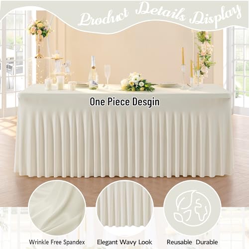 Image of Outpain 8ft Spandex Table Cloth for Standard Folding Tables-2Pack Ivory Table Cloth Table Protector for Party, Wedding, Cocktail, Banquet, Festival