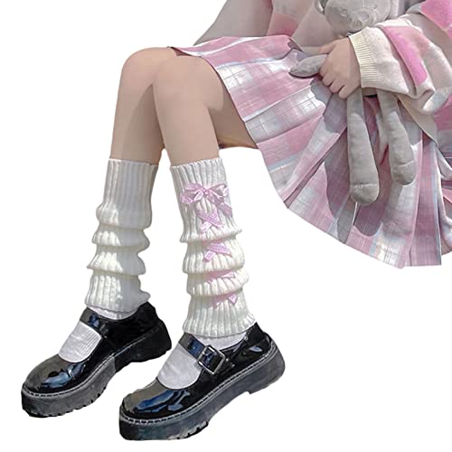 Image of Lolita Knit Leg Warmers Ribbon Bow Knot Japanese Cable Knit Footless Boot Socks Kawaii Leg Sleeves