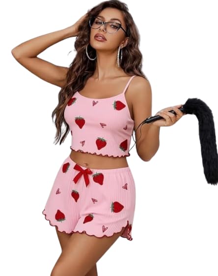 Women's Ribbed Knit Pajama Set Cute Strawberry Print 2 Piece Nightsuit Cami Crop Top and Shorts Loungewear Summer Sleepwear Free Size Co-ord Set for Women-image-46