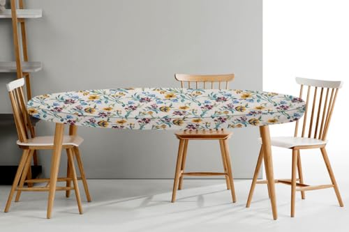 Image of The Furnishing Tree Elastic Cotton Oval Dining Table Cover 42x72 in Inches Floral Golden Leaf on offwhite Base