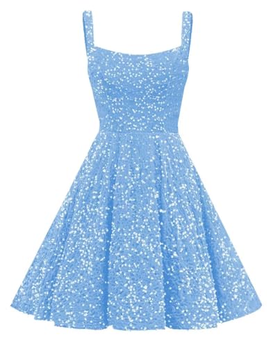 Sparkly Sequin Homecoming Dresses for Teens 2025 Flowy Spaghetti Straps A-line Short Prom Dress with Pockets