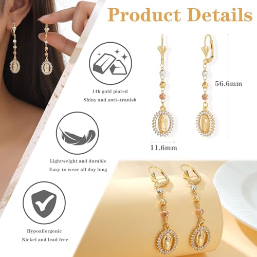 Gold Virgin Mary Dangle Earrings - 14k Gold Plated Long Drop Earring,Hypoallergenic Cubic Zirconia Golden Religious Ear Rings,Non Tarnish Virgen De Guadalupe Jewelry,Catholic Gifts for Women4