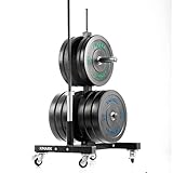 XMark 390 lb Olympic Weights Set, Bumper Plates, BLACKHAWK 7' Olympic Bar, and Weight Plates Tree...