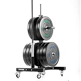 XMark 390 lb Olympic Weights Set, Bumper Plates, BLACKHAWK 7' Olympic Bar, and Weight Plates Tree...