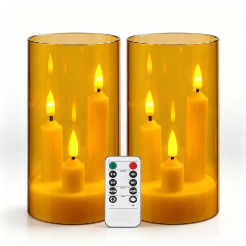 Image of 2 Pack 3D Wick Flameless Taper Candles, Champagne Transparent Acrylic Cover, Remote Control Flickering LED Candles, Battery Operated Electric Candles for Wedding Party Christmas Home Table Decor.