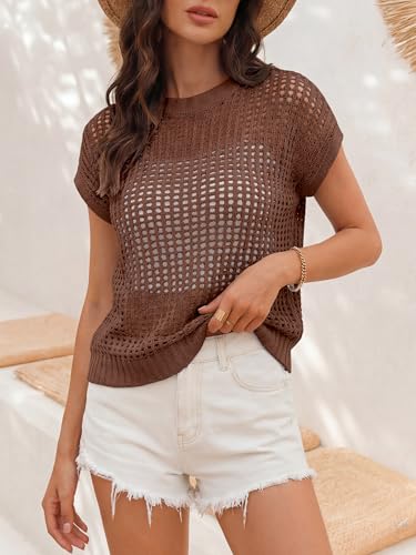 Image of ANRABESS Short Sleeve Sweater for Women Summer Crochet Knit Tops