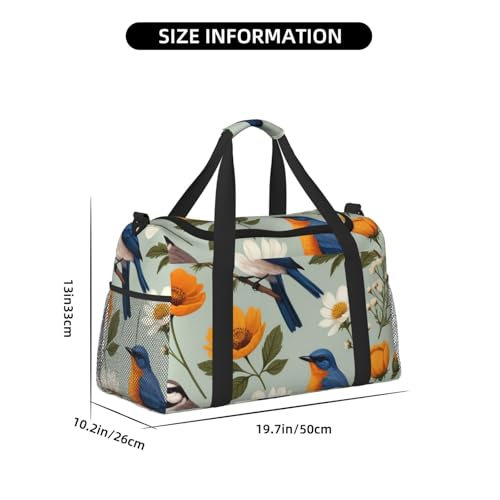 Garden Blossoming Wildflowers Birds Leaves Branches Print Travel Duffle Bag - Foldable Personal Item Travel Bag for Women & Men,13x10.2x19.74