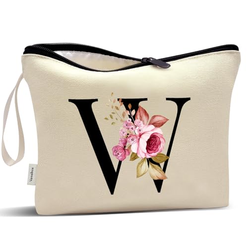 Image of Vavabox A-Z Personalized Makeup Bag, Birthday Gifts for Women Mom, Gifts for Best Friend, Bride Bridesmaid Cosmetic bag (W, Cream Yellow)