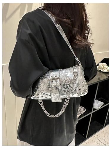 Women's Metallic Zipper Buckle Shoulder Handbags Chain Square Underarm Hobo Bags Purse4