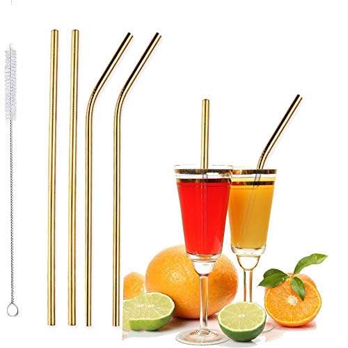 Image of STAR WORK - Metal Straws Stainless Steel Straws 8.5 inch Drinking Straws Reusable 4 Set And 1 cleaning Brush For Picnic,Travelling,Home,Bars (GOLD)