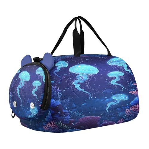 Blue Jellyfish Coral Kids Travel Duffel Bag for Boys Girls Overnight Weekend Tote Bag with Shoes Compartment for Sleepover Trip Beach