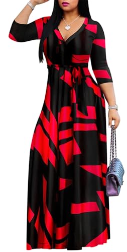 Image of Women's Floral Maxi Dress Summer Casual V-Neck 3 /4 Sleeve Long Bohemian Print Evening Party Dress