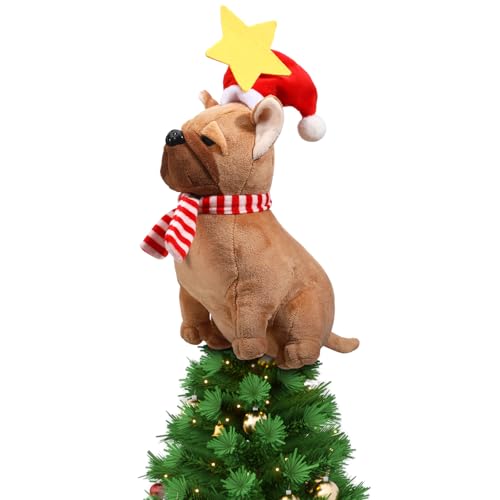 Shappy Dog Christmas Tree Topper - Plush Decoration With Santa Hat and Star - Stuffed Ornament for Home Winter Holiday Xmas Party Decor