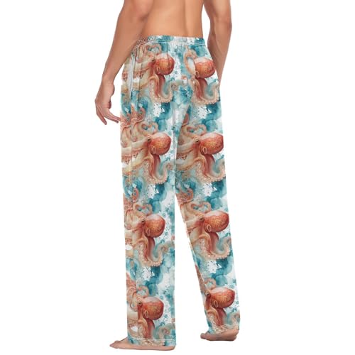 Aflyko Ocean Men's Pajama Pants Octopus Watercolor Cyan Orange Pjs Sleepwear Bottoms3