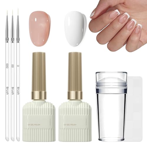 French Manicure Gel Set - Jelly Nude & Weiß UV Gel Nagellack Set mit 3 Nailart Pinseln & Nagelstempel, Soak Off UV Gellack UV für Klassischer Französische Nails Stempel & Home DIY Nail Art, Nude