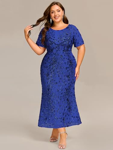 Image of Ever-Pretty Plus Women's Short Sleeves Bodycon Sequin Ball Gown Maxi Plus Size Formal Evening Dresses Vestidos De Fiesta