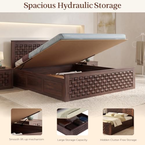 Image of WOODLAB Furniture Solid Sheesham Wood Niwar King Size Bed with Hydraulic Storage Wooden Double Bed Furniture Palang for Bedroom Living Room Home (Walnut Finish)