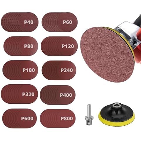 SUNJOYCO 4Inch Angle Grinder Sanding Discs, 100pcs Sand Paper Discs with 4 Inch Hook and Loop Backing Pad & 1/4" Drill Adapter, Angle Grinder Attachments 40-800 Grits Cover
