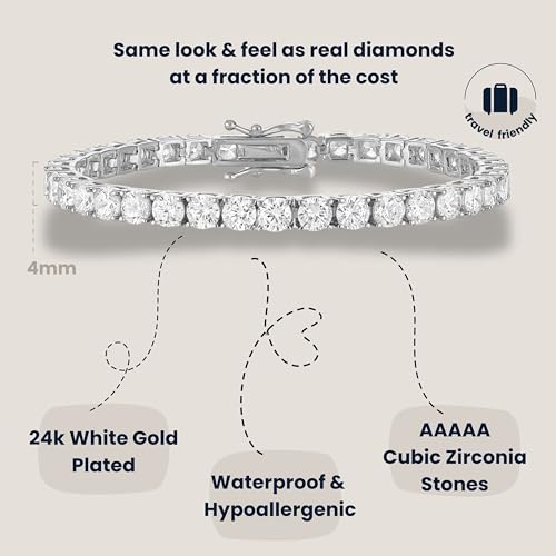 KISPER Tennis Bracelet for Women - 24K White Gold or Gold Plated Round Cut AAAAA CZ, 3mm/4mm Width, Elegant Jewelry Gift, 6.5/7/7.5 Inch3