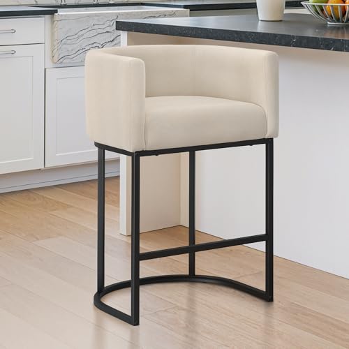 Image of LUE BONA Counter Height Bar Stools, Modern Barrel Counter Stools with Backrest and Arms, Black Metal Frames, Linen Fabric Upholstered Accent Barstools for Kitchen Island, Linen Color