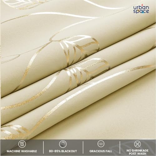 Image of Urban Space 80-85% True Blackout Curtains for Door, Gold Foil Printed Blackout Curtains, Blackout Decorative Door Curtain Eyelet with Tieback, 1 Piece Curtain for Living Room(Leaf Beige, 7 Feet)