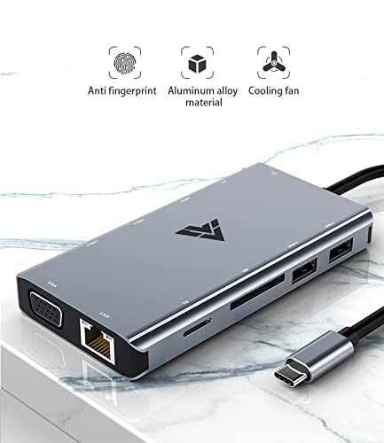 Image of Vaku Luxos Axel USB C Hub, Type C Hub, 11-in-1 Adapter with Ethernet, 4K USB C to HDMI, VGA, 2 USB3.0 2 USB2.0, Micro SD /TF Card Reader, Mic /Audio, USB-C Pd 3.0, Compatible for Mac Pro and Type C Laptops