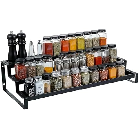 Caeuiciw Spice Rack Organizer for Cabinet, Expandable 3 Tiered Spice Rack, Metal Spices Organizer, Display Shelf Organizers for Cabinet, Countertop, Pantry, Cupboard (Black) Cover
