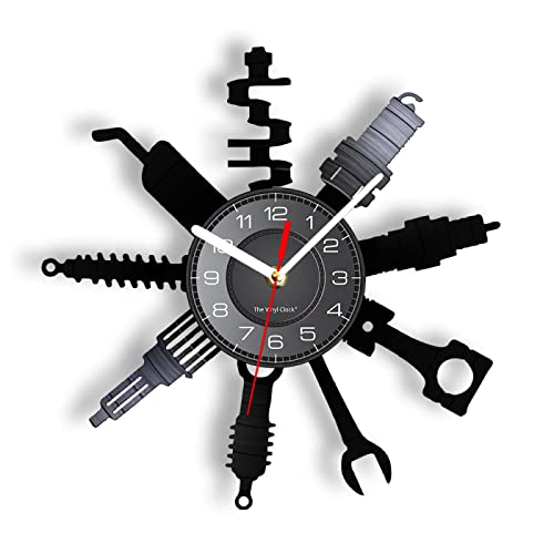 Image of OTKU 12 Inch-Wall Clock Auto Repair Shop Wall Sign Decorative Modern Wall Clock Car Mechanic Service Workshop Vinyl Record Clock Garage Repairman Gift for Vintage Room Decoration