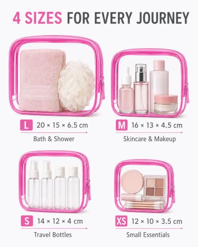 Image of 4 PCS Clear Makeup Bag Set, 4 Sizes TSA Approved Travel Toiletry Bags,Waterproof PVC Clear Cosmetic Pouch with Zipper, Portable Transparent Organizer Bags for Travel Toiletries Accessories,Women Men