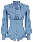 SCARLET DARKNESS Gothic Rüschenbluse Damen Langarm V-Ausschnitt mit Rüschen Schnürrücken Trachtenbluse Denim-Blau L