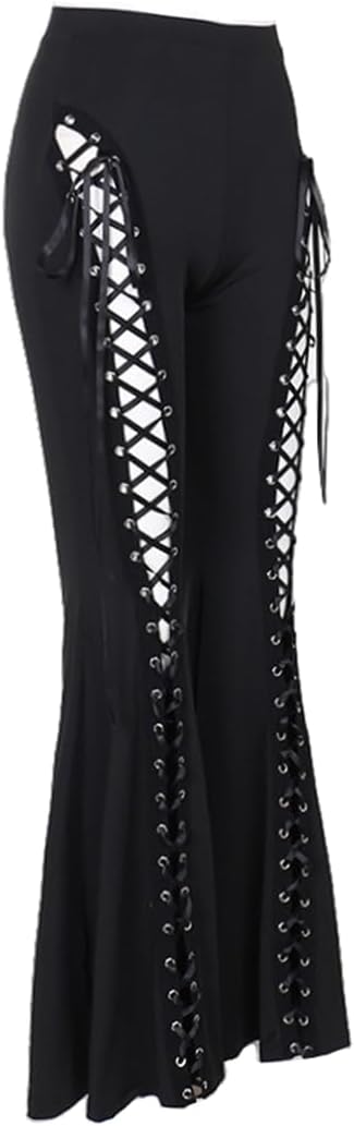 Goth Pants Lace Up Bell Bottom Black Flare Leggings Lace Mall Gothic Punk Rave Pants Alt Aesthetic Grunge
