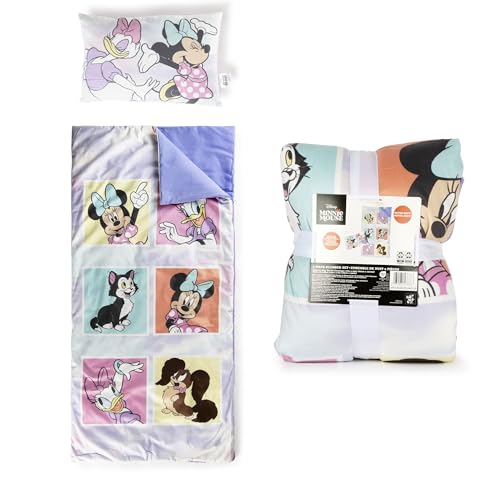 Image of Jay Franco Kids Slumber Bag and Pillow - 54 x 27 Inch Comfy Indoor Sleeping Bag for School and Sleepovers, 2 Piece Set, Purple - Minnie Mouse