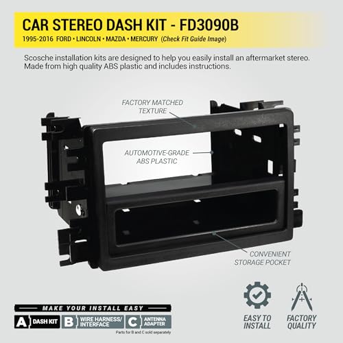 Image of Scosche FD3090B Double DIN or Single DIN with Pocket Radio Install Dash Kit Compatible with Select 1995-2016 Ford, Lincoln, Mazda and Mercury Vehicles - See Fit Guide in images to verify your vehicle