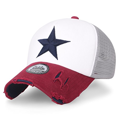ililily Star Embroidery Black White Trucker Hat Cotton Baseball Cap (Medium, White/Red)