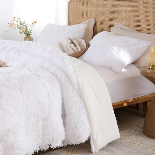 Smoofy Fluffy Queen Size Comforter Set, Faux Fur Comforter Set White, Luxury Fuzzy King Bedding Set, Soft Shaggy Bed Set for All Season, 3 Pieces - 1 Comforter & 2 Pillowcases