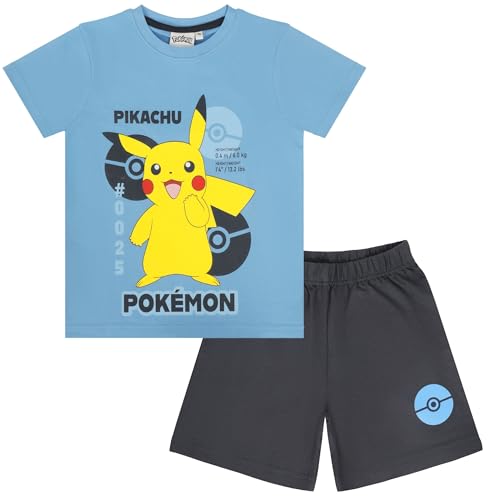 Pokémon Jungen Pyjama Set Kurzarm T-Shirt & Hose Kinder Schlafanzug Sommer mit Pikachu & Glumanda Baumwolle Schlafi Nachtwäsche Outfit (DE/NL/SE/PL Numerisch 128 Regular Blau-Schwarz)