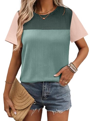 Zeagoo Womens Casual Summer Tops Short Sleeve T Shirts Crewneck Basic Tees Blouses Color Block Tunic Tops3